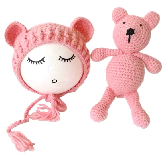 Infant Newborn Girl Photography Prop Photo PINK Crochet Knit Toy Bear w/Hat - Picture 2 of 3